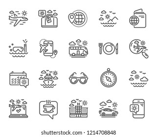 Travel line icons. Set of Passport, Luggage and Check in airport icons. Airplane flight, Sunglasses and Hotel building. Restaurant food, Mountain travel, diving. Check in passport document. Vector