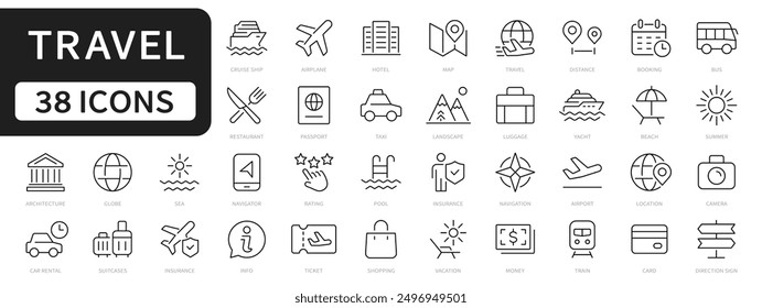 Conjunto de iconos de línea de viaje. símbolos de viaje. verano, vacaciones, hotel, crucero, icono de trazo editable de vacaciones. Vector