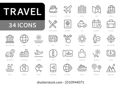 Conjunto de iconos de línea de viaje. símbolos de viaje. verano, vacaciones, hotel, crucero, icono de trazo editable de vacaciones. Ilustración vectorial