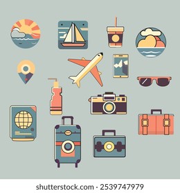 Travel line icons set. Vacation, weekend, adventure, flight sign, symbol
