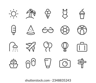 Juego de iconos de línea de viaje. Esbozo de vocación de gran colección. Turismo. Icono de verano de vacaciones trazo editable aislado en blanco, ilustración de vector lineal, estilo de diseño del logotipo del símbolo