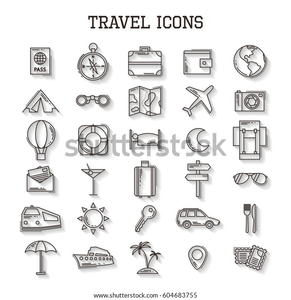 Travel line icons with shadow vector set\
isolated on white background. Modern illustration for web and\
mobile. Vacation\
concept.