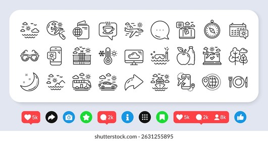 Travel line icons. Social media: share, comment, like icons. Passport, Check in airport, Luggage icons. Airplane flight, Sunglasses, Hotel building. Passport check in document, Sea diving. Vector