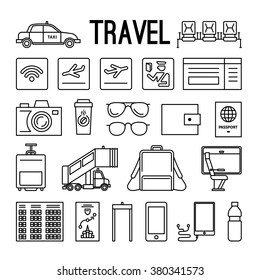 Travel line icons. Tourist and travel black thin line images on white background. Vector illustration