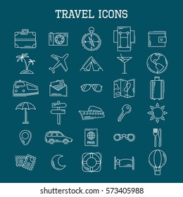 Travel line icons vector set isolated on dark background. Modern illustration for web and mobile. Vacation concept.