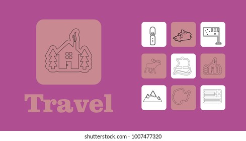 Travel Line Icons for Web and Mobile. Thin line icons. on purple