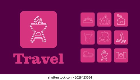 Travel Line Icons for Web and Mobile. Thin line icons. on purple