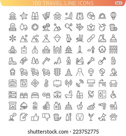 Travel Line Icons for Web and Mobile. Beach, Mountains and Hotel. Light version. 