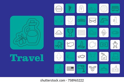 Travel Line Icons for Web and Mobile. Thin line icons. Blue background