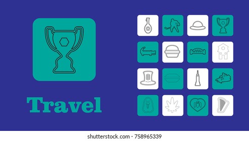 Travel Line Icons for Web and Mobile. Thin line icons. Blue background
