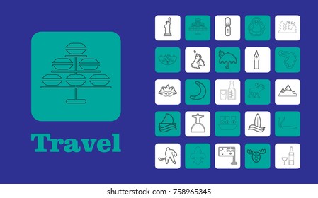 Travel Line Icons for Web and Mobile. Thin line icons. Blue background