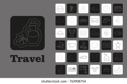 Travel Line Icons for Web and Mobile. Thin line icons. on grey background