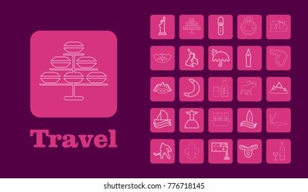 Travel Line Icons for Web and Mobile. Thin line icons. on purple