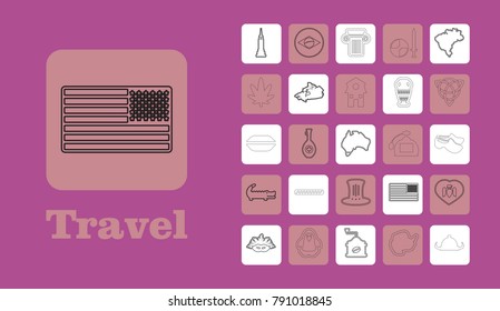 Travel Line Icons for Web and Mobile. Thin line icons. on purple