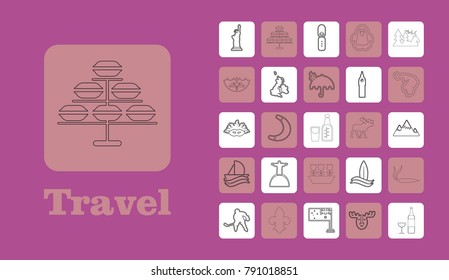Travel Line Icons for Web and Mobile. Thin line icons. on purple