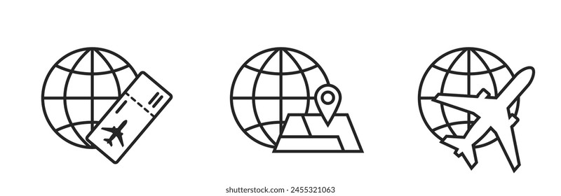 travel line icons. world, flight ticket, map and plane. vacation and journey symbols. isolated vector images for tourism design