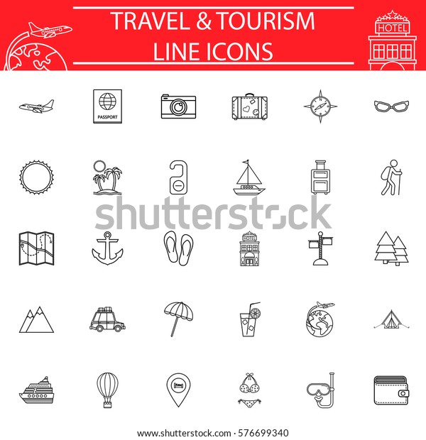Travel line\
pictograms package, Travel symbols collection, Web vector sketches,\
logo illustrations, transportation linear icon set isolated on\
white background, eps\
10.