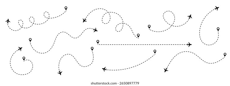 Linha de viagem para ícone de avião e vetor de voo com caminho no mapa aéreo. Rota e viagem rastreada por traço ou ponto em direção ao aeroporto ou destino. Design de silhueta limpa.