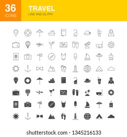 Travel Line Web Glyph Icons. Vector Illustration of Summer Outline and Solid Symbols. 