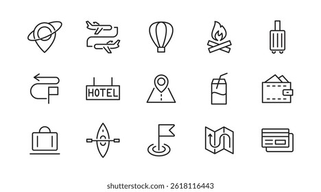 Travel linear icon set. Hotels, tourism, tourist transport, locations, gps,  room, adventure, nature, bag, compass, trip, tour vector icon set. UI thin line icon pack.