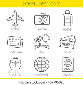 Travel linear icons set. Airplane, photo camera, luggage, credit cards, island, tickets, cruise ship, passport and worldwide symbol. Thin line. Traveling and tourism isolated vector illustrations