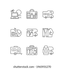 Travel Linear Icons Set. Recreational Vehicle. Campground For RV. Roadtrip Gear. Nomadic Lifestyle. Customizable Thin Line Contour Symbols. Isolated Vector Outline Illustrations. Editable Stroke