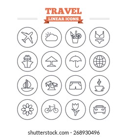 Travel linear icons set. Ship, plane and car transport. Beach umbrella, palms and cocktail. Swimming trunks. Rose or tulip flower. Thin outline signs. Flat vector