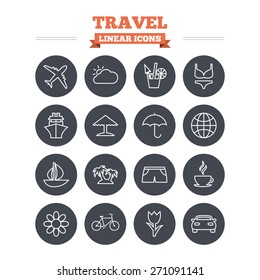 Travel linear icons set. Ship, plane and car transport. Beach umbrella, palms and cocktail. Swimming trunks. Rose or tulip flower. Thin outline signs. Flat circle vector