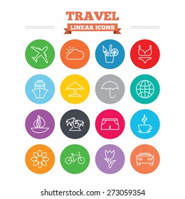 Travel linear icons set. Ship, plane and car transport. Beach umbrella, palms and cocktail. Swimming trunks. Rose or tulip flower. Thin outline signs. Flat circles vector