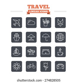Travel linear icons set. Ship, plane and car transport. Beach umbrella, palms and cocktail. Swimming trunks. Rose or tulip flower. Thin outline signs. Flat square vector