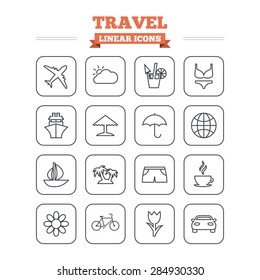 Travel linear icons set. Ship, plane and car transport. Beach umbrella, palms and cocktail. Swimming trunks. Rose or tulip flower. Thin outline signs. Flat square vector