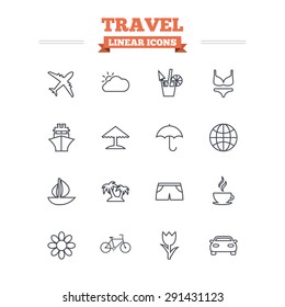 Travel linear icons set. Ship, plane and car transport. Beach umbrella, palms and cocktail. Swimming trunks. Rose or tulip flower. Thin outline signs. Flat vector