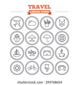 Travel linear icons set. Ship, plane and car transport. Beach umbrella, palms and cocktail. Swimming trunks. Rose or tulip flower. Thin outline signs. Flat vector