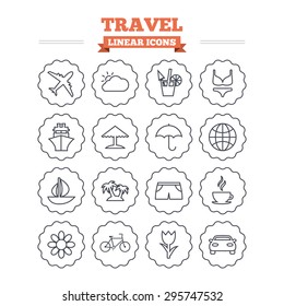 Travel linear icons set. Ship, plane and car transport. Beach umbrella, palms and cocktail. Swimming trunks. Rose or tulip flower. Thin outline signs. Flat vector