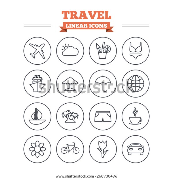 Travel linear icons set. Ship,\
plane and car transport. Beach umbrella, palms and cocktail.\
Swimming trunks. Rose or tulip flower. Thin outline signs. Flat\
vector
