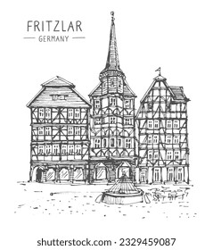 Travel linear illustration. Fritzlar is a medieval town in the Schwalm-Eder district in northern Hesse, Germany. Urban sketch in black color on white background. A hand-drawn old building. Vector.