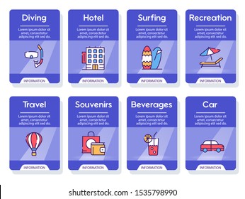 Travel linear vector icons set. Summer vacation, holiday and beach resort. Tourist items thin line illustrations. Airplane, suitcase, passport contour symbols. Tourism isolated outline drawing