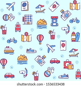 Travel linear vector icons set. Summer vacation, holiday and beach resort. Tourist items thin line illustrations. Airplane, suitcase, passport contour symbols. Tourism isolated outline drawing