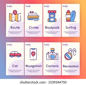 Travel linear vector icons set. Summer vacation, holiday and beach resort. Tourist items thin line illustrations. Airplane, suitcase, passport contour symbols. Tourism isolated outline drawing