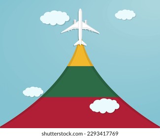 Travel to Lithuania by flight, destination concept, vacation in Lithuania, plane vector design, paper cut effect with blue sky and airplane, summer trip idea, country tourism banner