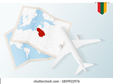Travel to Lithuania, top view airplane with map and flag of Lithuania. Travel and tourism banner design.