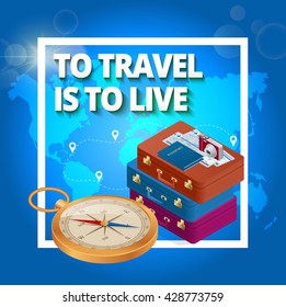 To Travel is to live. Bags, passport, camera, ticket and airplane in sky. Isometric flat 3d vector illustration