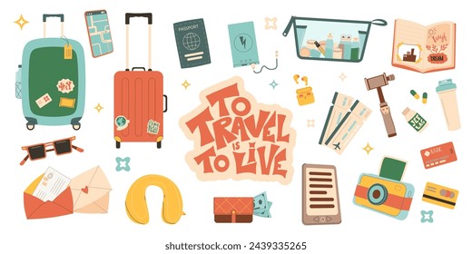 Viajar es una cita en vivo pegatina y accesorios de aventura. Juego de viaje. Colección de artículos de estilo de vida turístico. Elementos de viaje aislados sobre fondo blanco. Vacaciones de vacaciones. Ilustración vectorial.