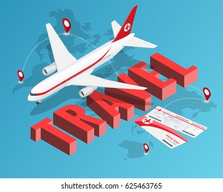 To travel is to live! Tickets and Passenger airplane. Travel destinations banner. Isometric Luxury vacation concept