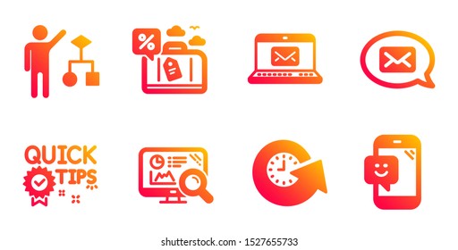 Travel Loan, Algorithm And Seo Analytics Line Icons Set. Update Time, Messenger And Quick Tips Signs. E-mail, Smile Symbols. Trip Discount, Developers Job. Technology Set. Vector