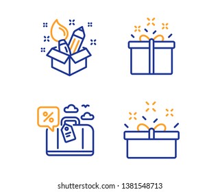 Travel loan, Creativity and Special offer icons simple set. Present box sign. Trip discount, Design idea, Delivery box. Sale offer. Holidays set. Linear travel loan icon. Colorful design set. Vector