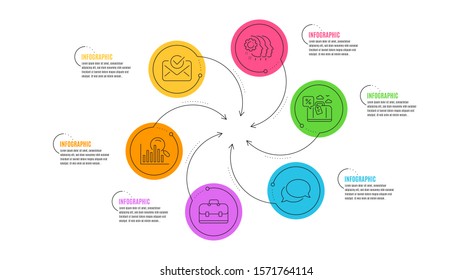 Travel loan, Employees teamwork and Messenger line icons set. Infographic timeline. Search, Approved mail and Portfolio signs. Trip discount, Collaboration, Speech bubble. Analytics. Vector