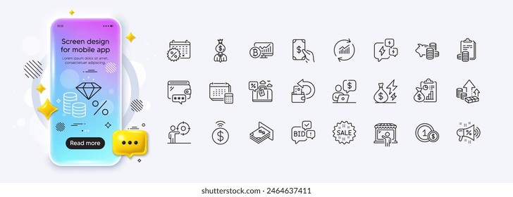 Travel loan, Inflation and Report line icons for web app. Phone mockup gradient screen. Pack of Manager, Business person, Update data pictogram icons. Money tax, Sale, Cash back signs. Vector