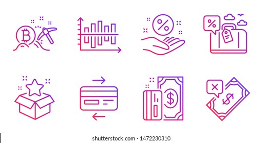 Travel loan, Loan percent and Loyalty program line icons set. Credit card, Diagram chart and Payment signs. Bitcoin mining, Rejected payment symbols. Trip discount, Discount hand. Vector