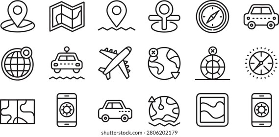 Travel Location Icons Set with Compass, Map, Globe, Airplane, Car, Phone, Clock and Destination Pin Featuring Iconset, Vector